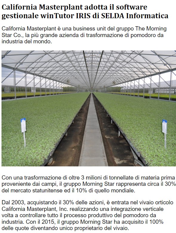 Articolo Freshplaza.it sull'adozione di California Masterplant della soluzione winTutorIRIS SELDA Informatica