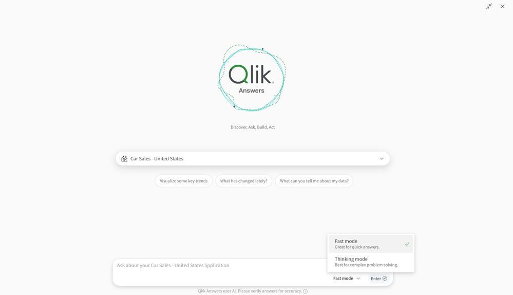 Modalità Fast di Qlik Answers per ottenere risposte rapide e concise sui dati aziendali.