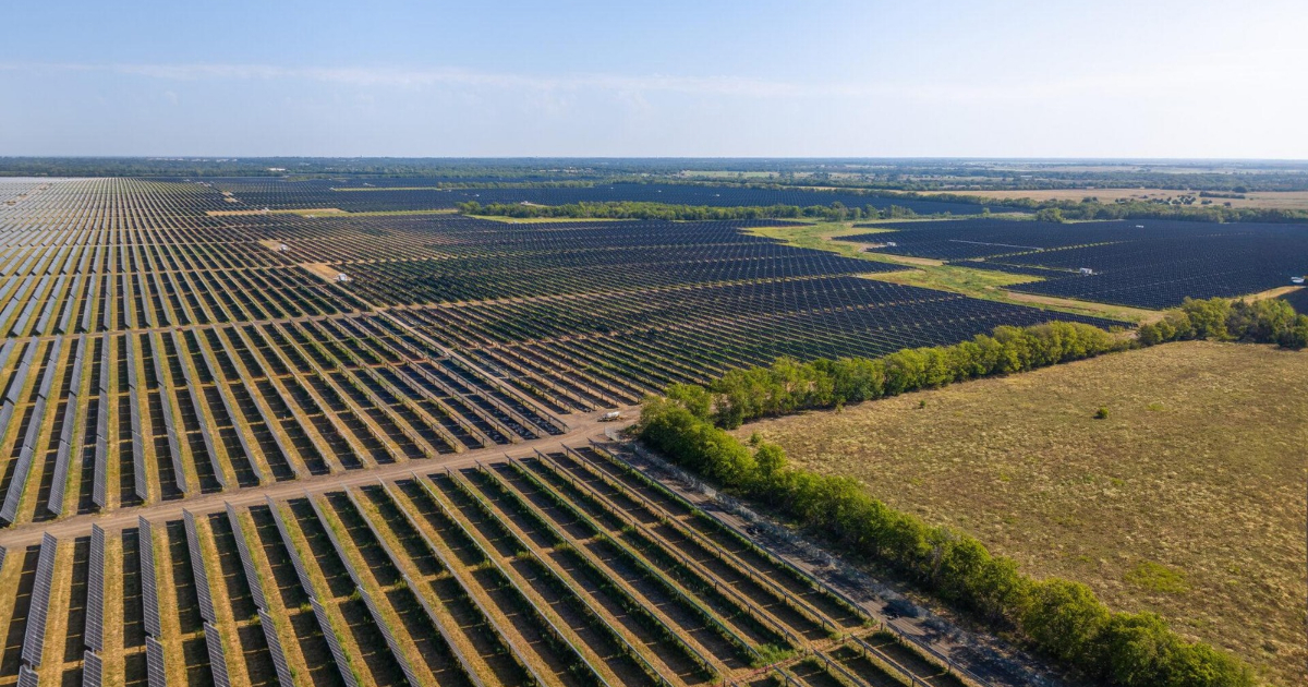 Parco fotovoltaico industriale con file di pannelli solari per la produzione di energia elettrica.