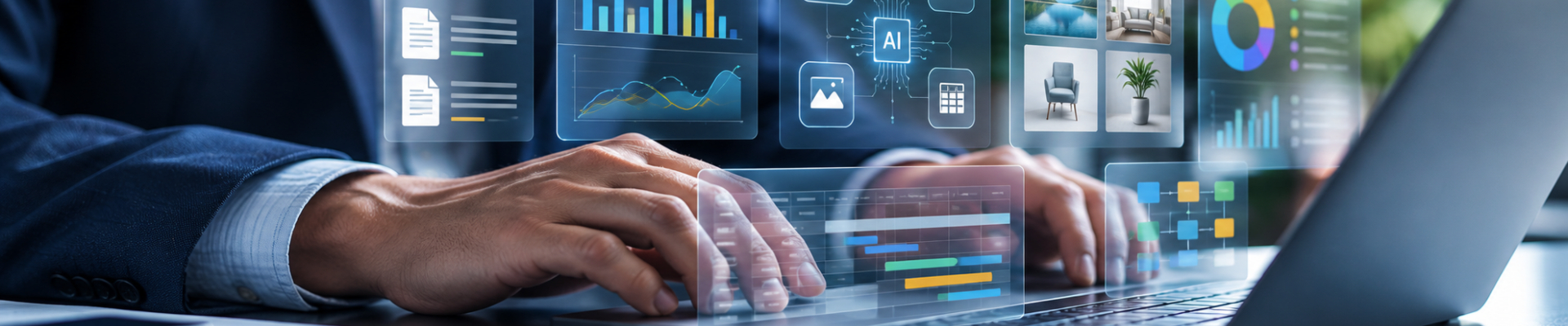 Professionista al computer con interfacce digitali di documenti, immagini e analisi dei dati