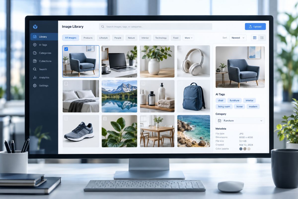 Interfaccia illustrativa di un catalogo digitale con immagini e tag AI